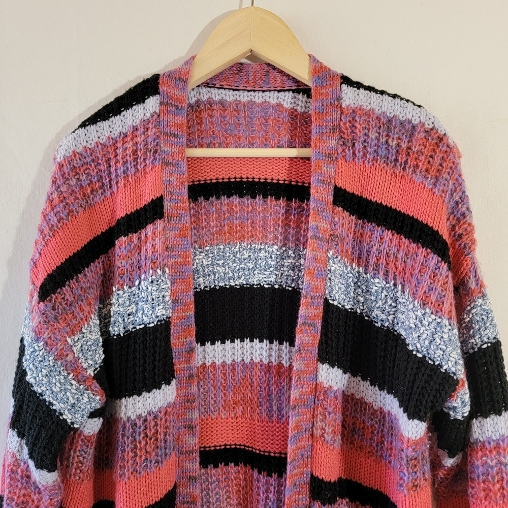 Women's Multicolored Striped Open Front Duster Cardigan L Boho Minimalist Pocket - Picture 3 of 11